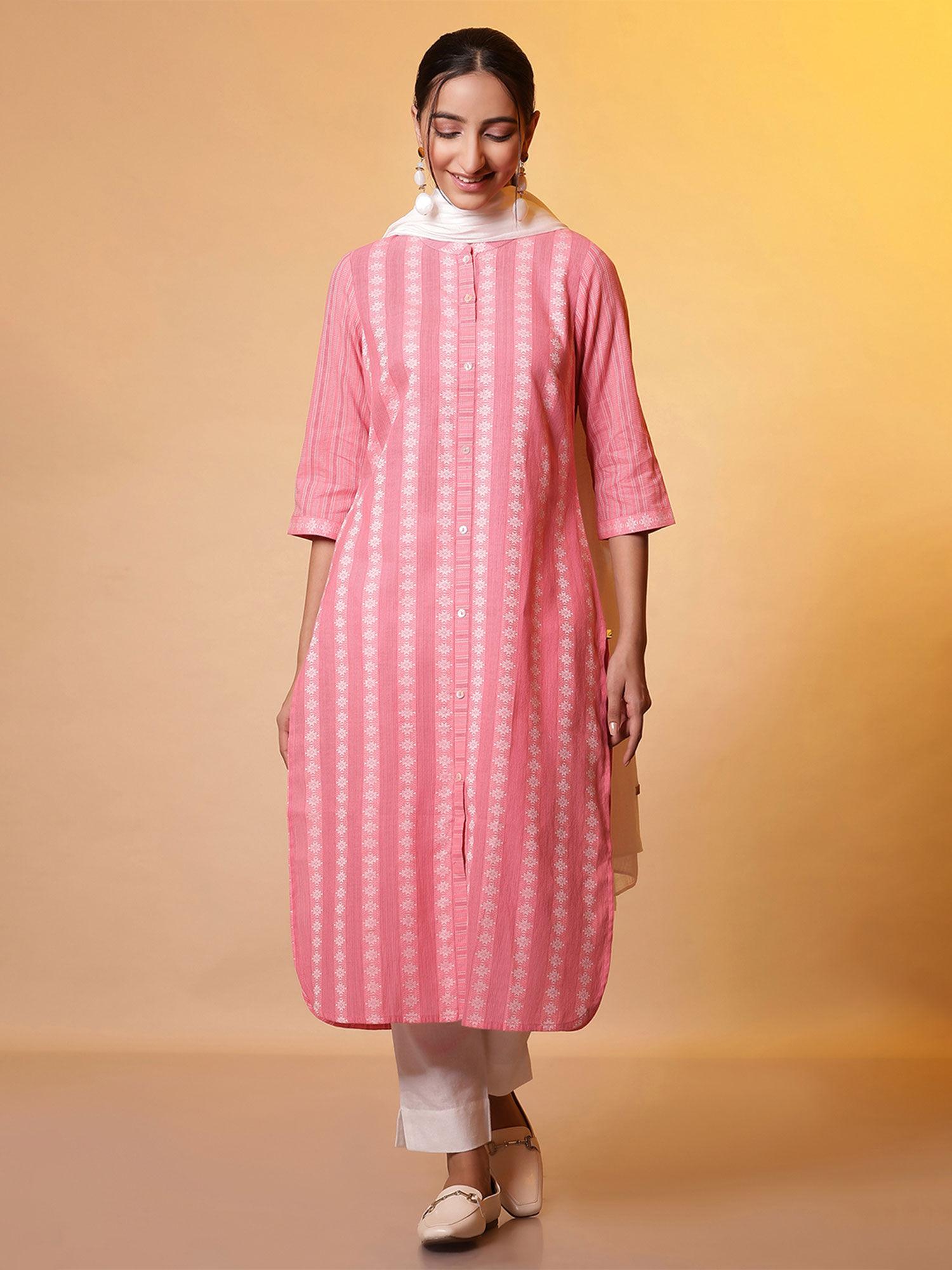 women pink stripes cotton kurta