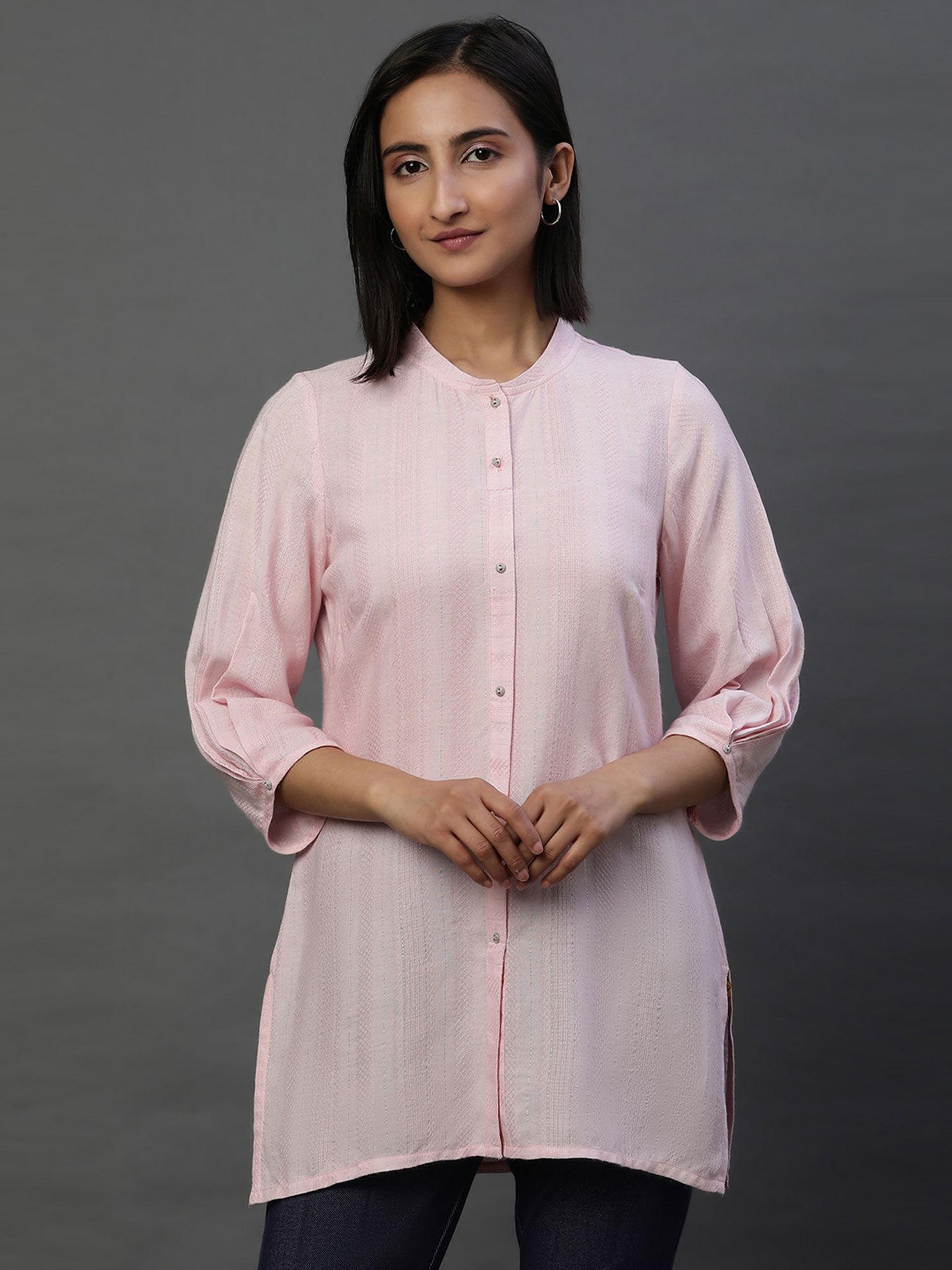 women pink stripes rayon kurti