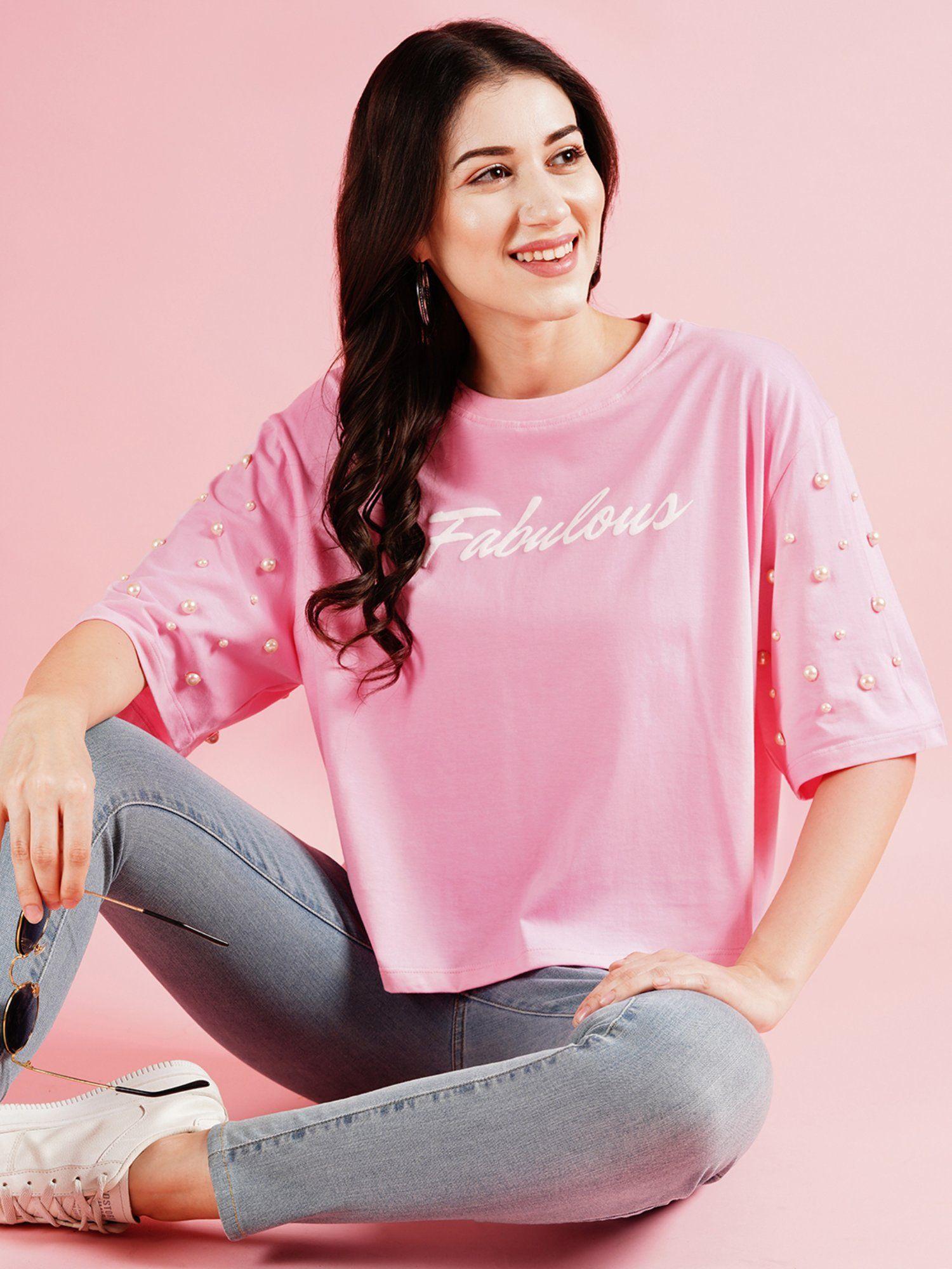 women pink studded & typography printed drop shoulder boxy t-shirt