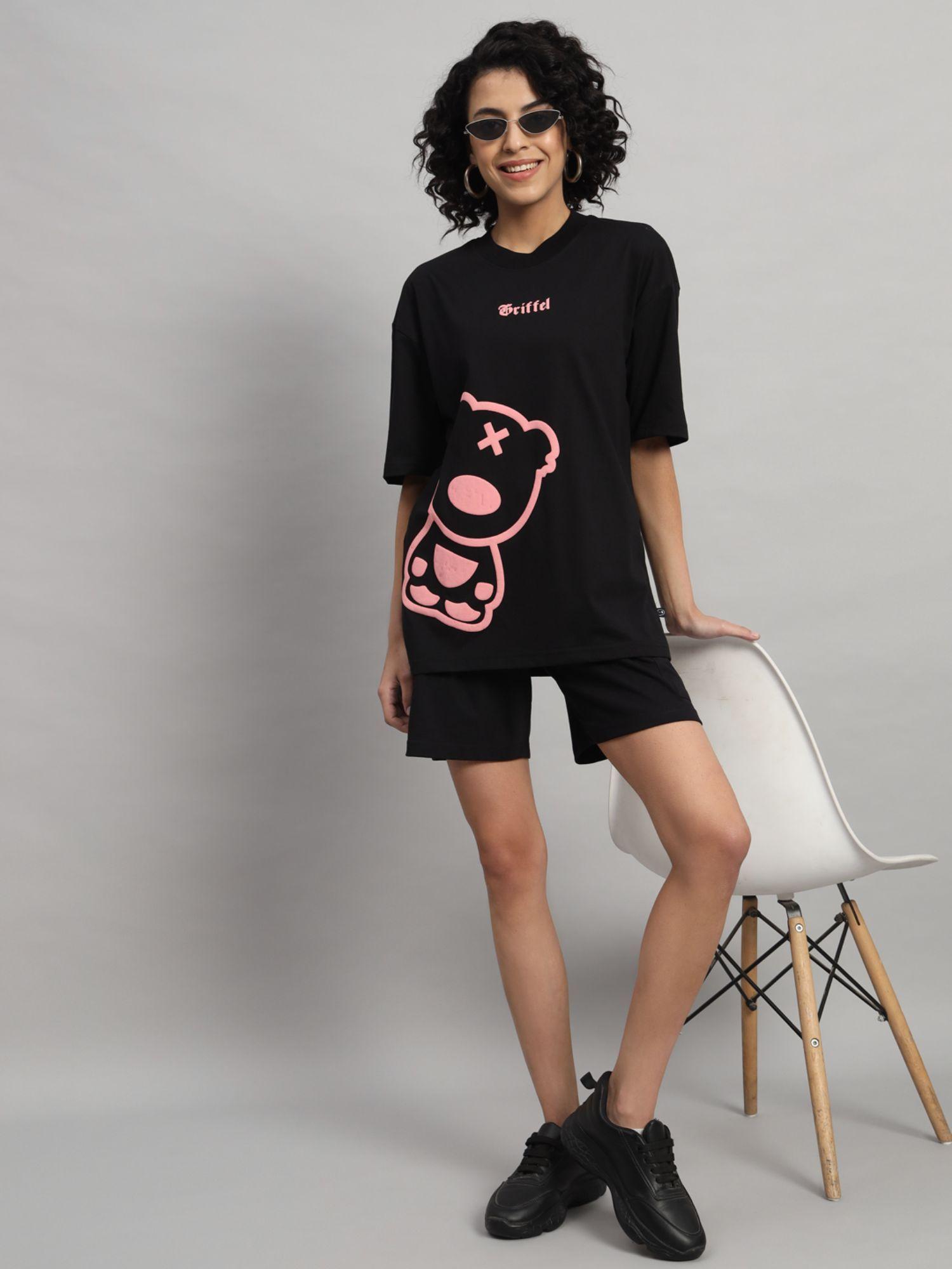 women pink teddy black t-shirt and shorts (set of 2)