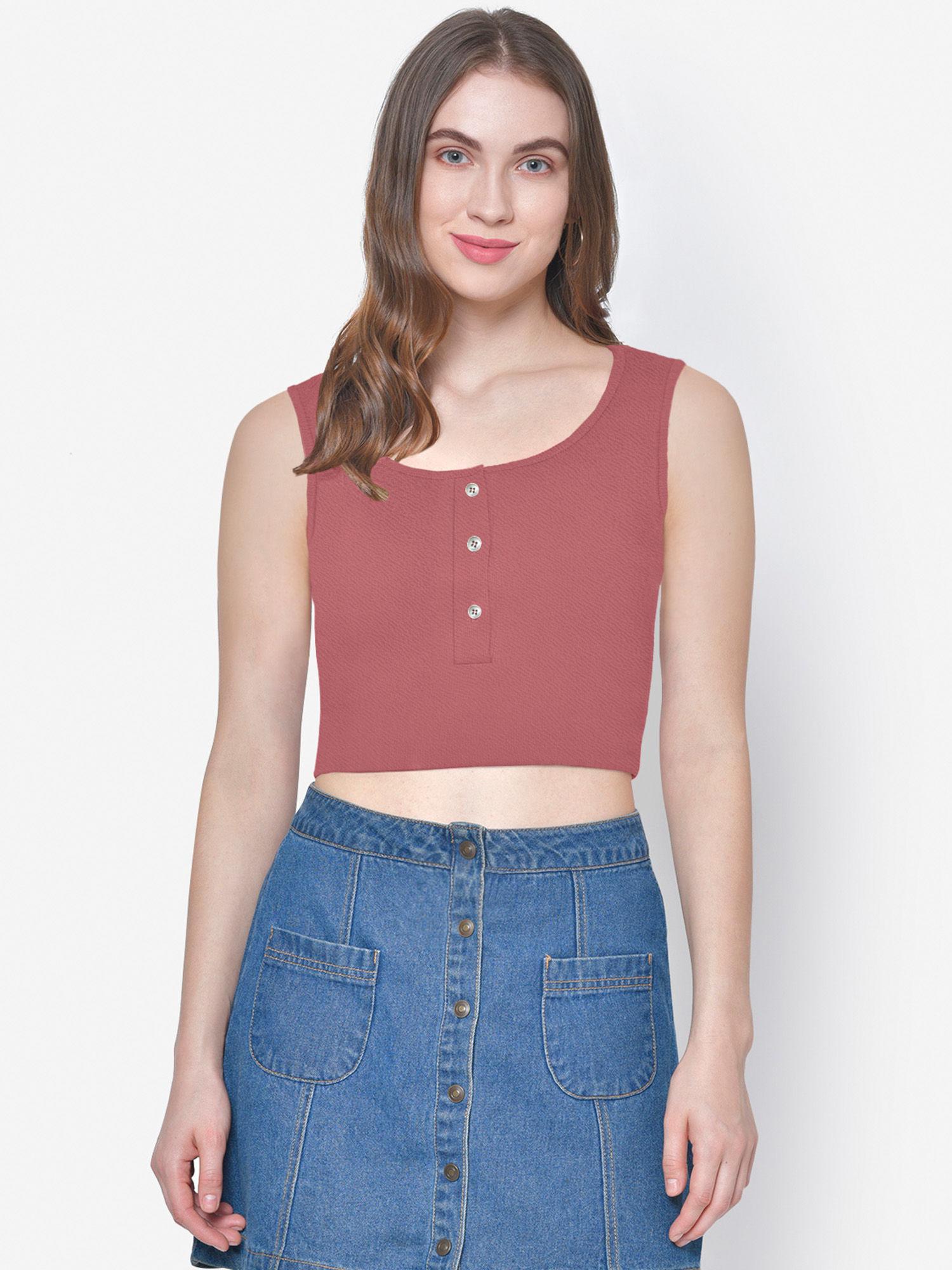 women pink textured buttoned crop top