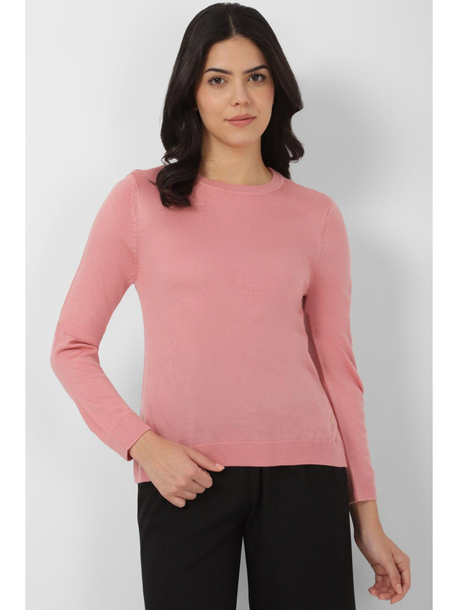 women pink textured round neck sweater