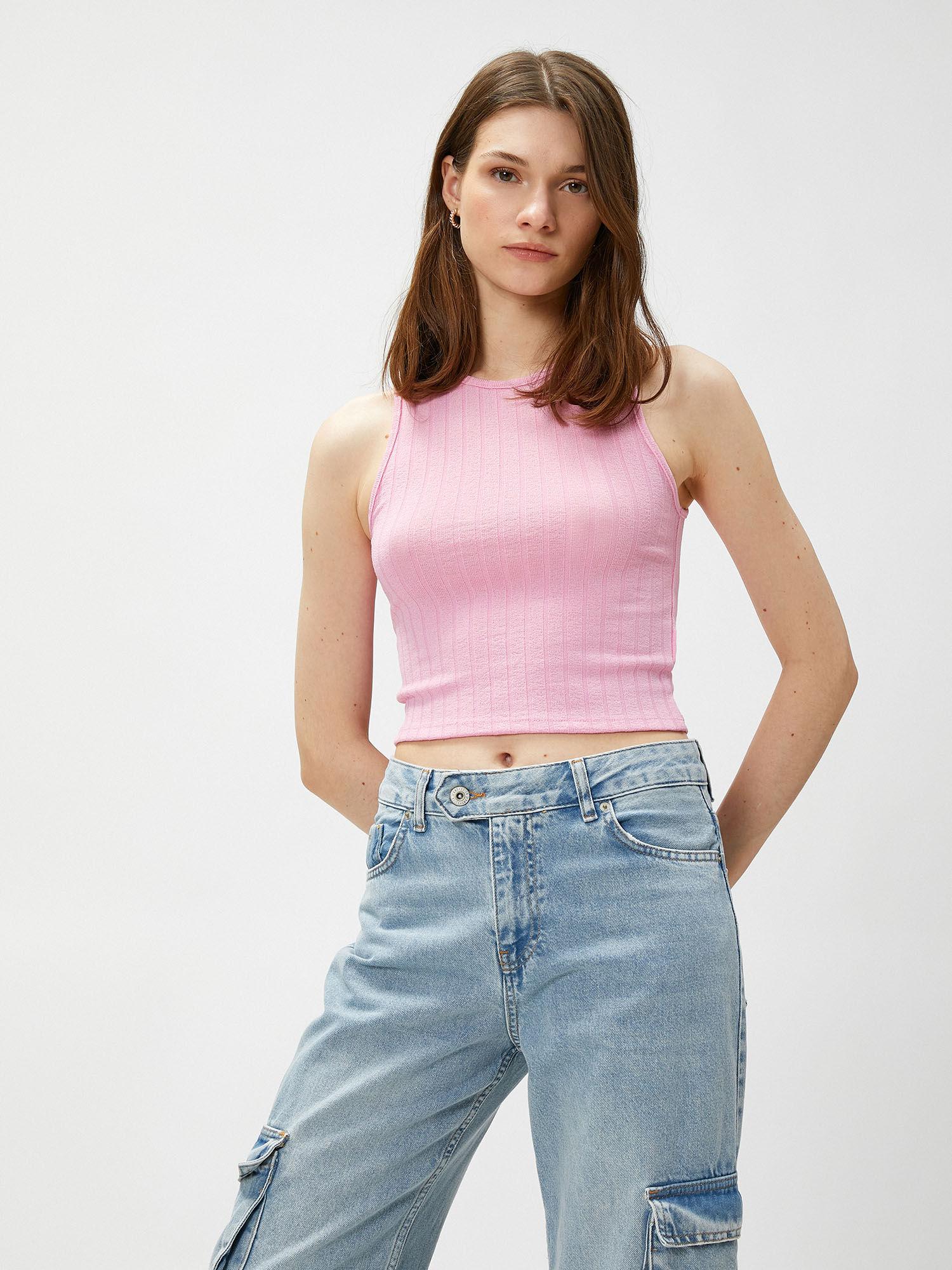 women pink textured super slim top