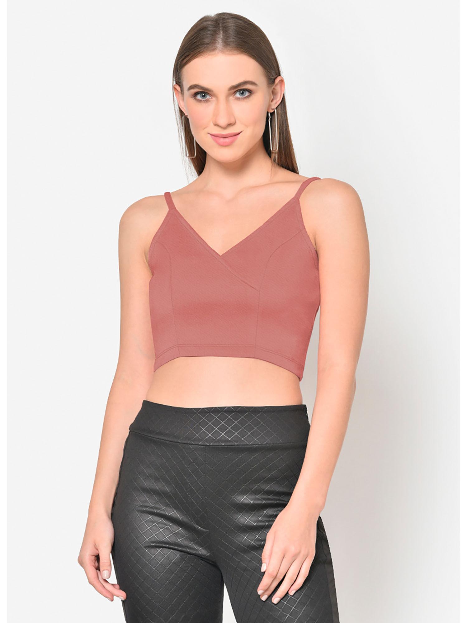 women pink textured v neck crop top