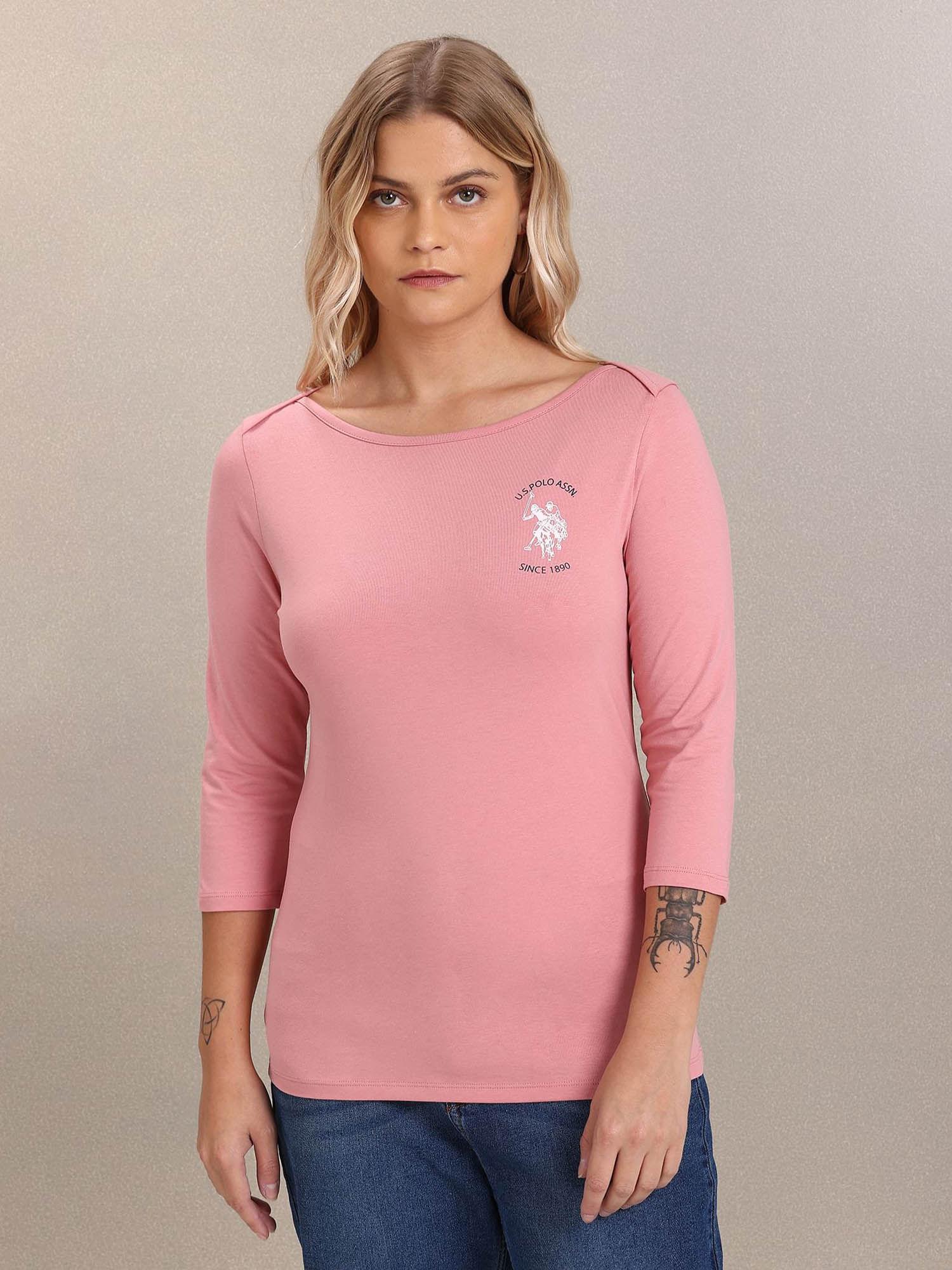 women pink three quarter sleeve solid t-shirt