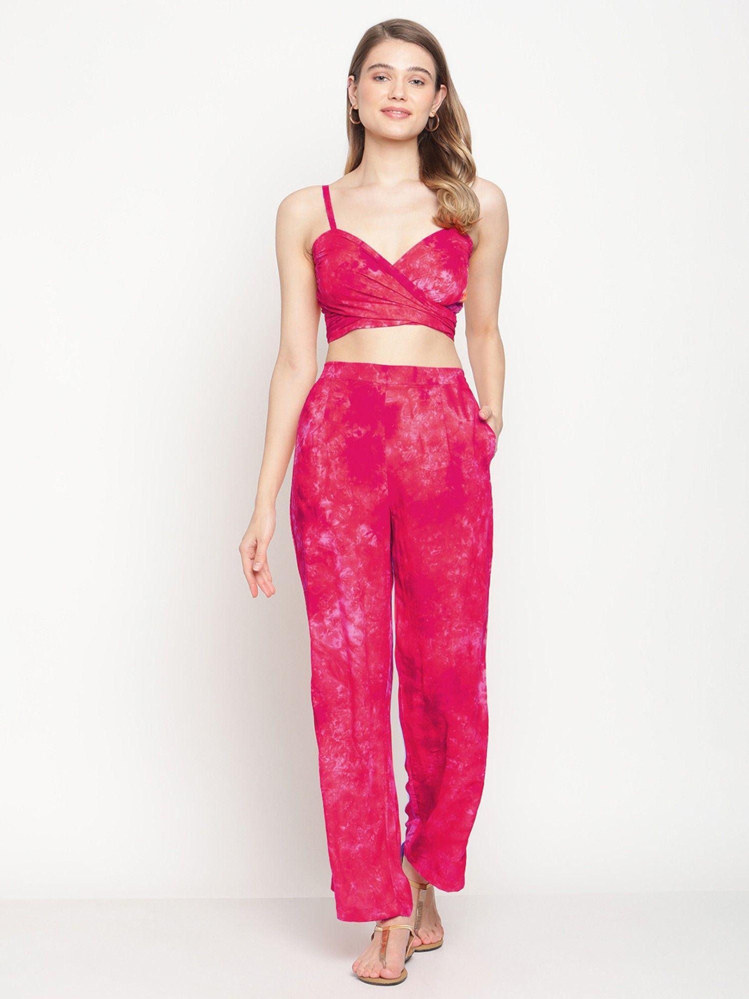 women pink tie & dye printed beachwear set