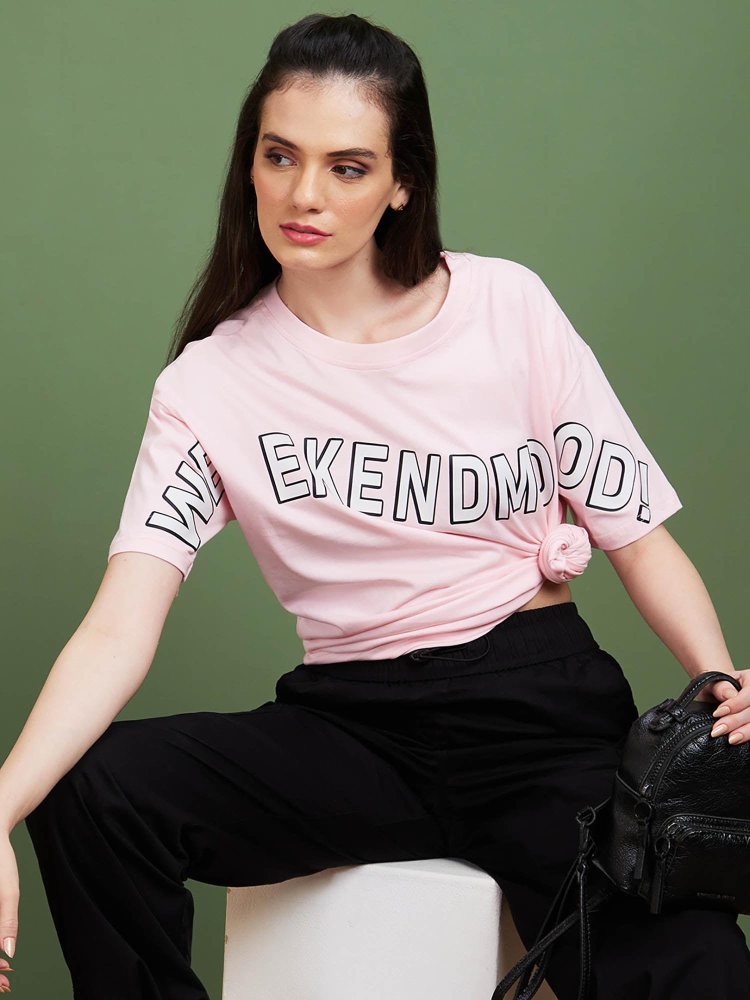 women pink typography cotton round neck boxy fit casual t-shirt