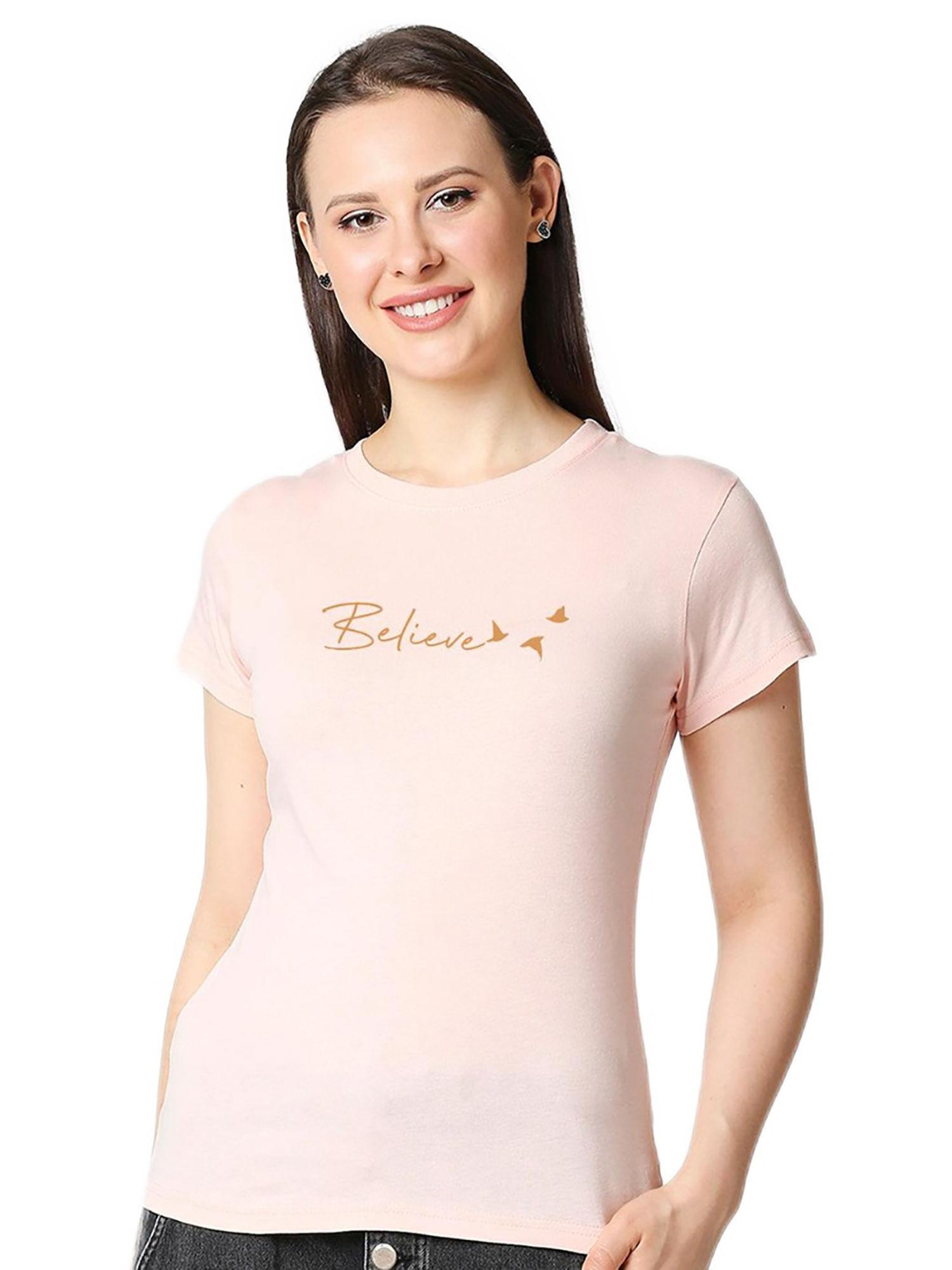 women pink typography printed slim fit t-shirt