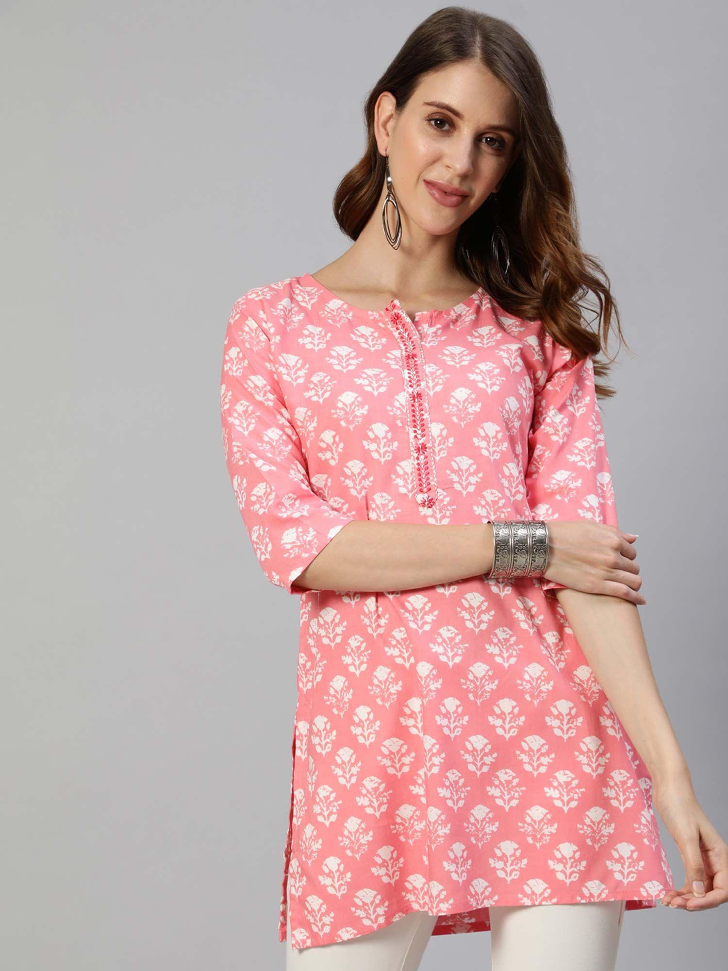 women pink white floral printed straight kurti