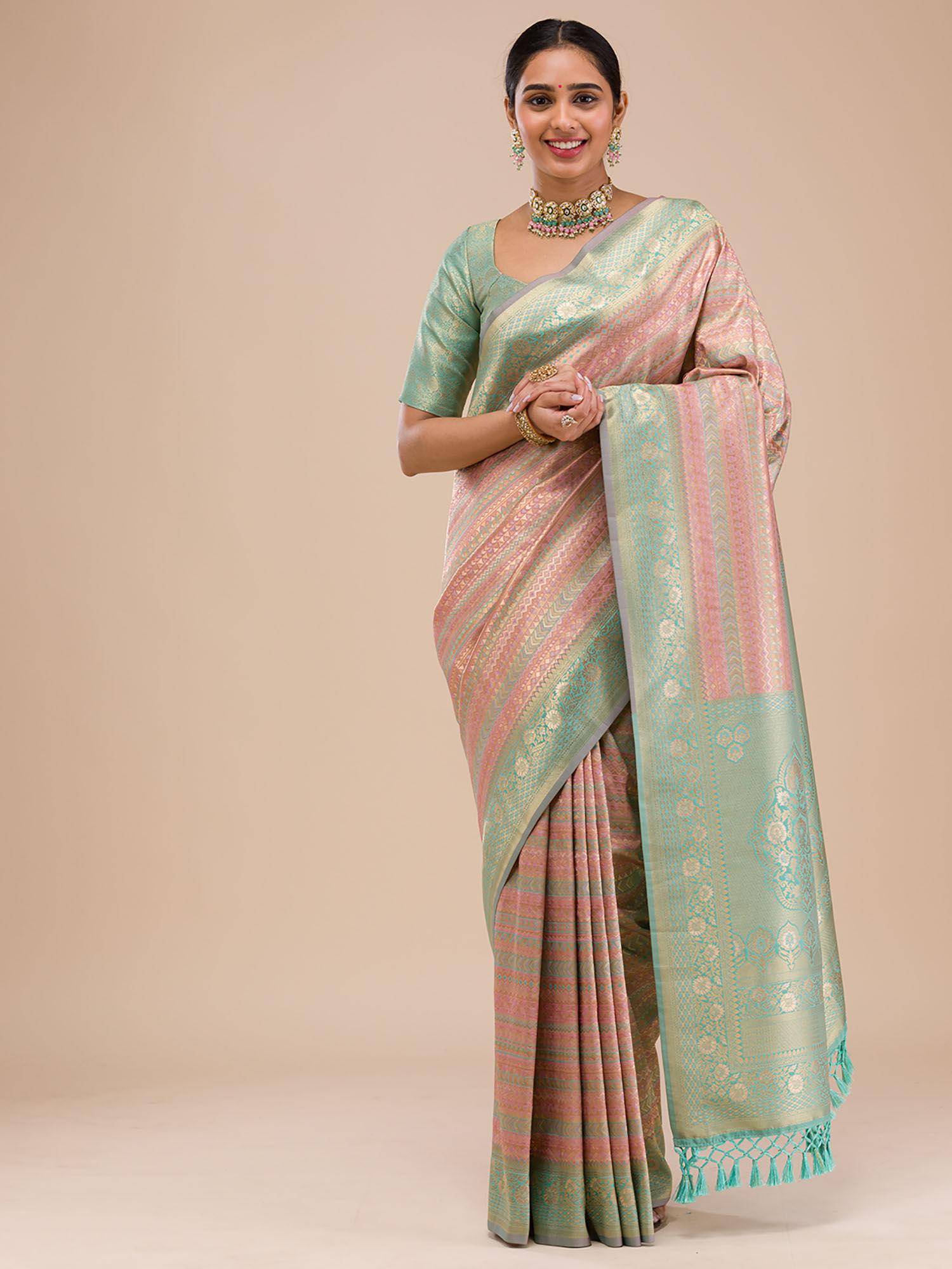 women pink woven- zari work silk saree with unstitched blouse