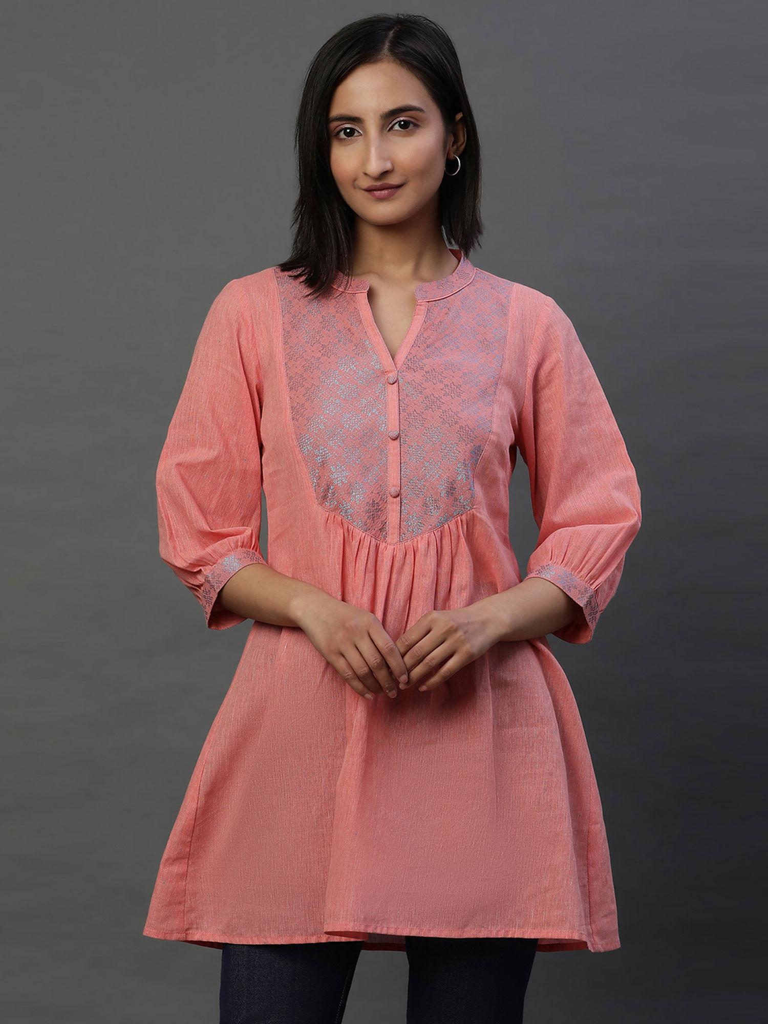 women pink woven cotton kurti