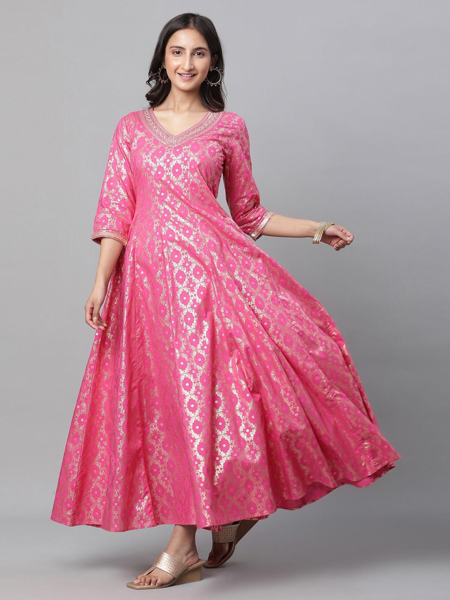 women pink woven three fourth sleeves v-neck maxi dress