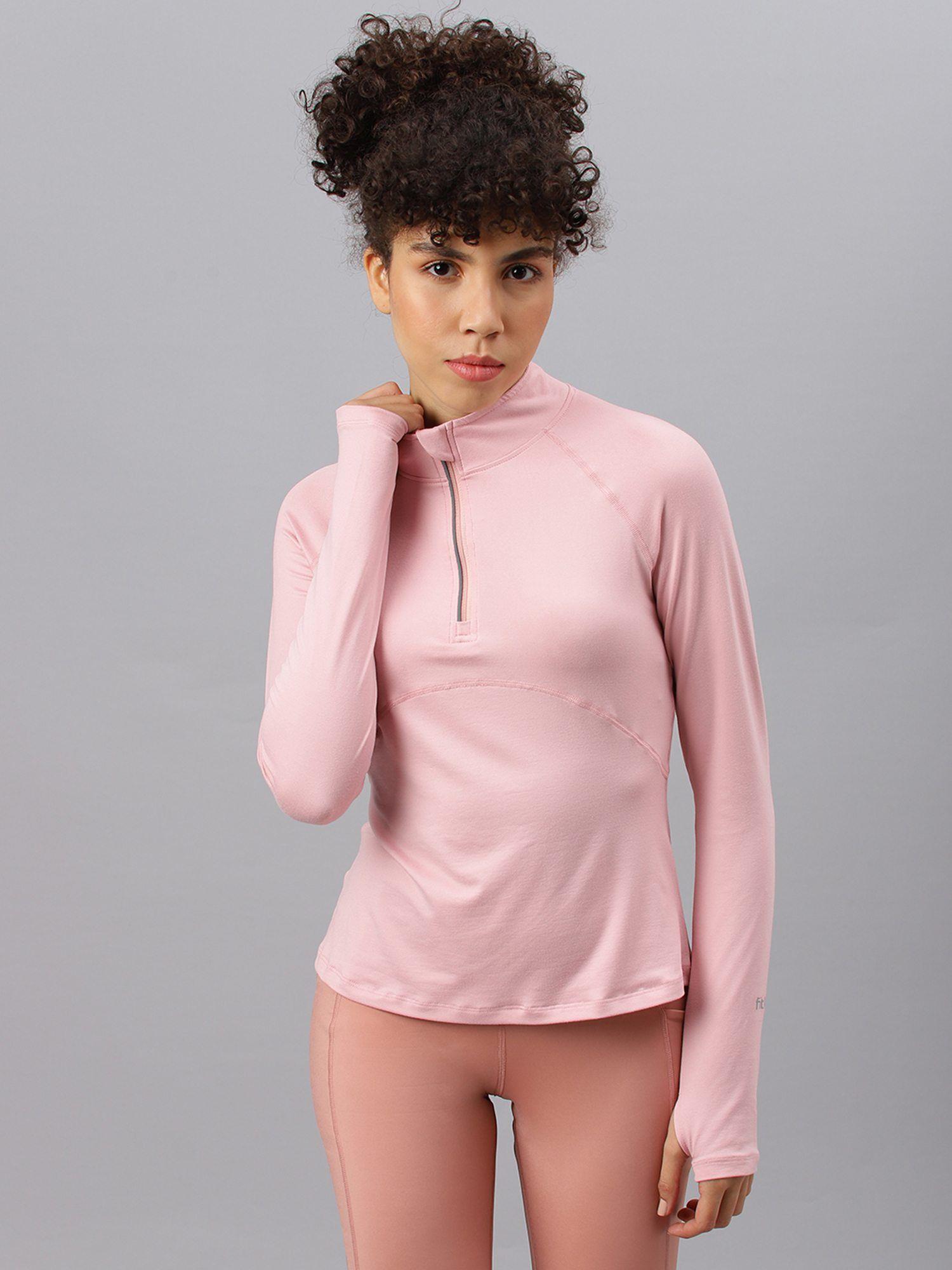 women pink zipper high neck t-shirt