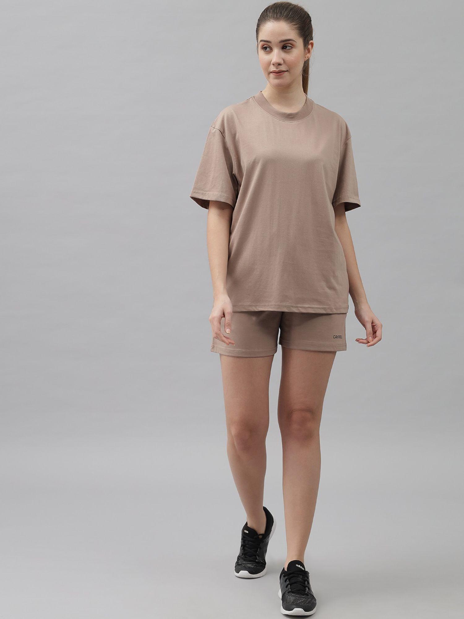 women plain basic beige t-shirt and shorts (set of 2)