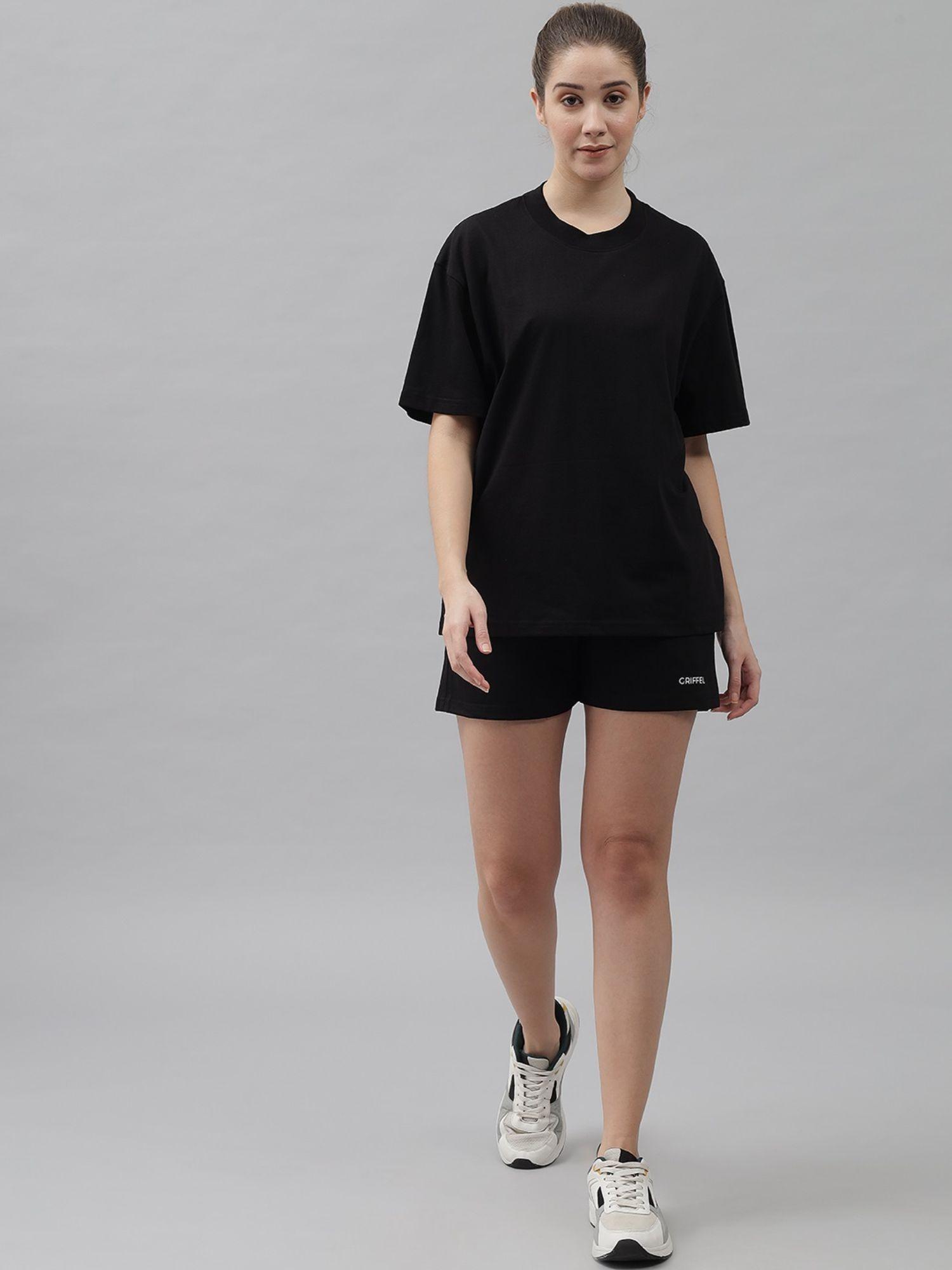 women plain basic black t-shirt and shorts (set of 2)