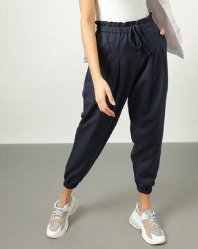 women pleat-front navy blue trousers with insert pockets