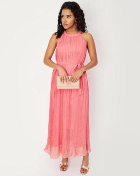 women pleated a-line dress with tie-up front