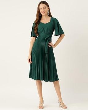 women pleated a-line dress with tie-up front