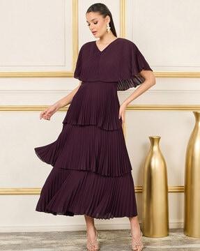 women pleated cape sleeves layer tiered maxi dress