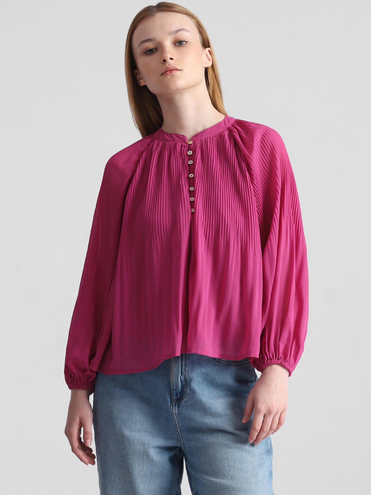 women pleated casual pink top