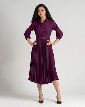 women pleated empire dress with belt