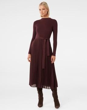 women pleated fit & flare dress with belt