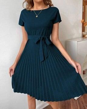 women pleated fit & flare dress with waist tie-up