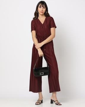 women pleated jumpsuit with waist tie-up