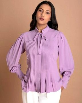 women pleated loose fit top with tie-up