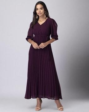 women pleated maxi dress with self fabric belt