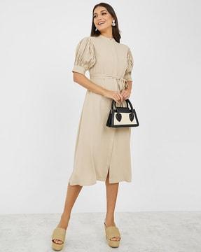 women pleated puff sleeve shirt midi dress