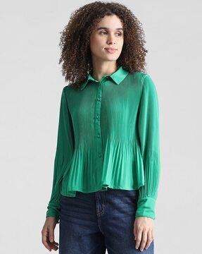 women pleated regular fit shirt with spread collar