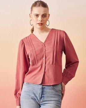 women pleated regular fit v-neck top