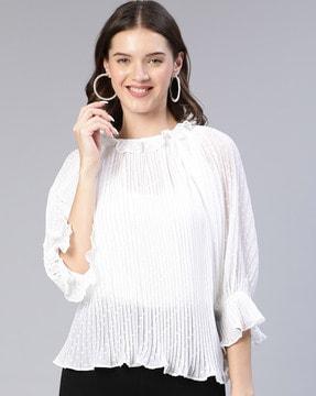 women pleated relaxed fit round-neck top