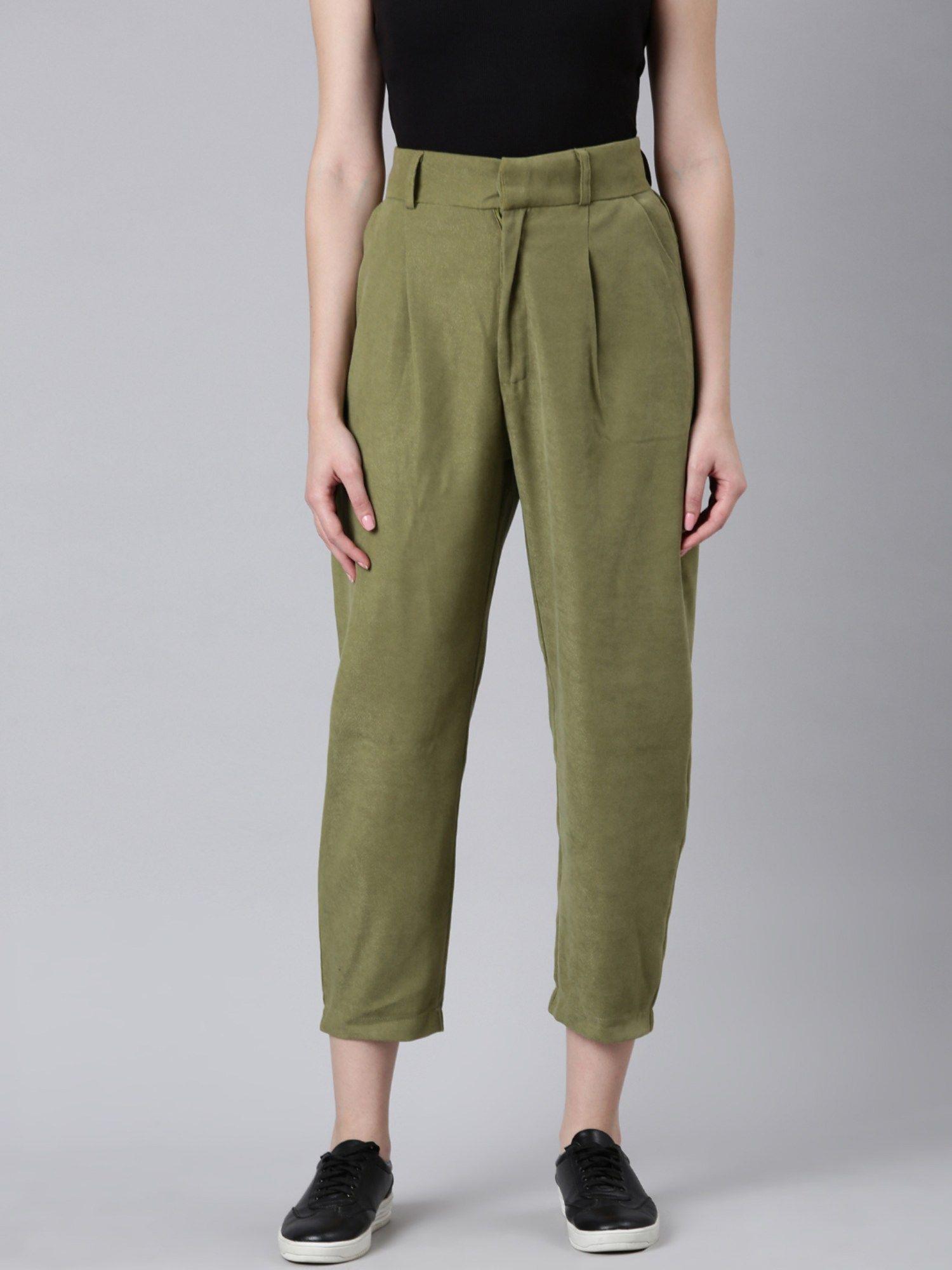 women pleated straight fit olive solid regular trousers