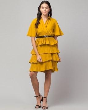 women pleated tiered dress with belt