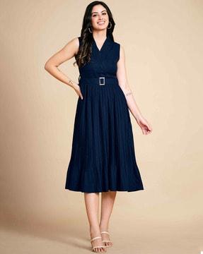 women pleated v-neck fit & flare dress