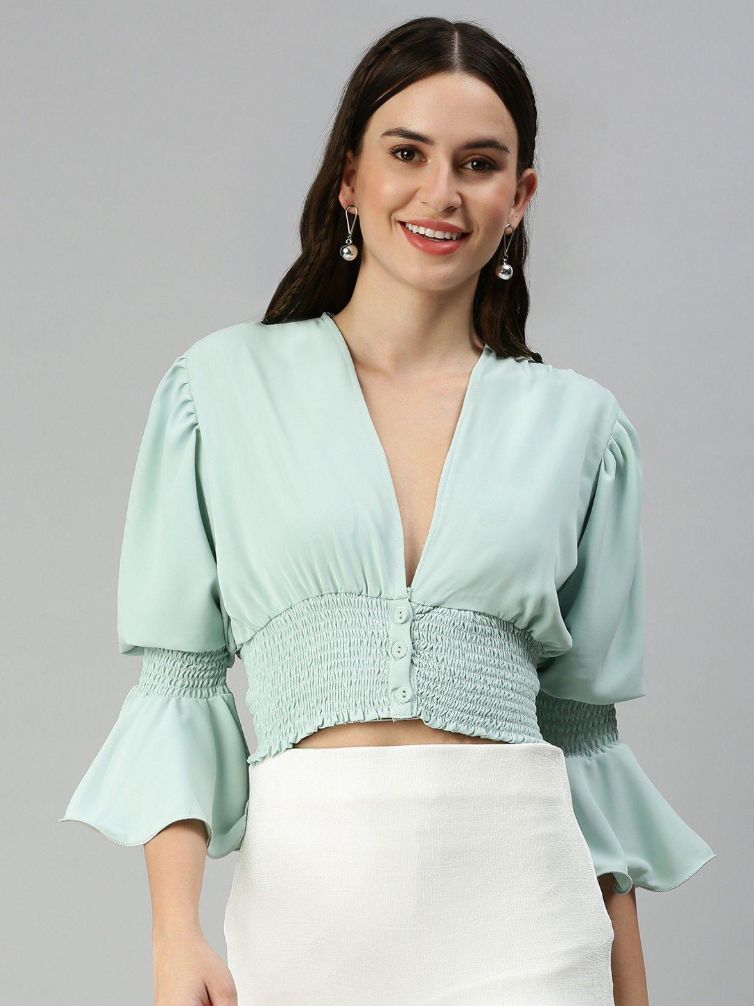 women plunging neck solid sea green crop top