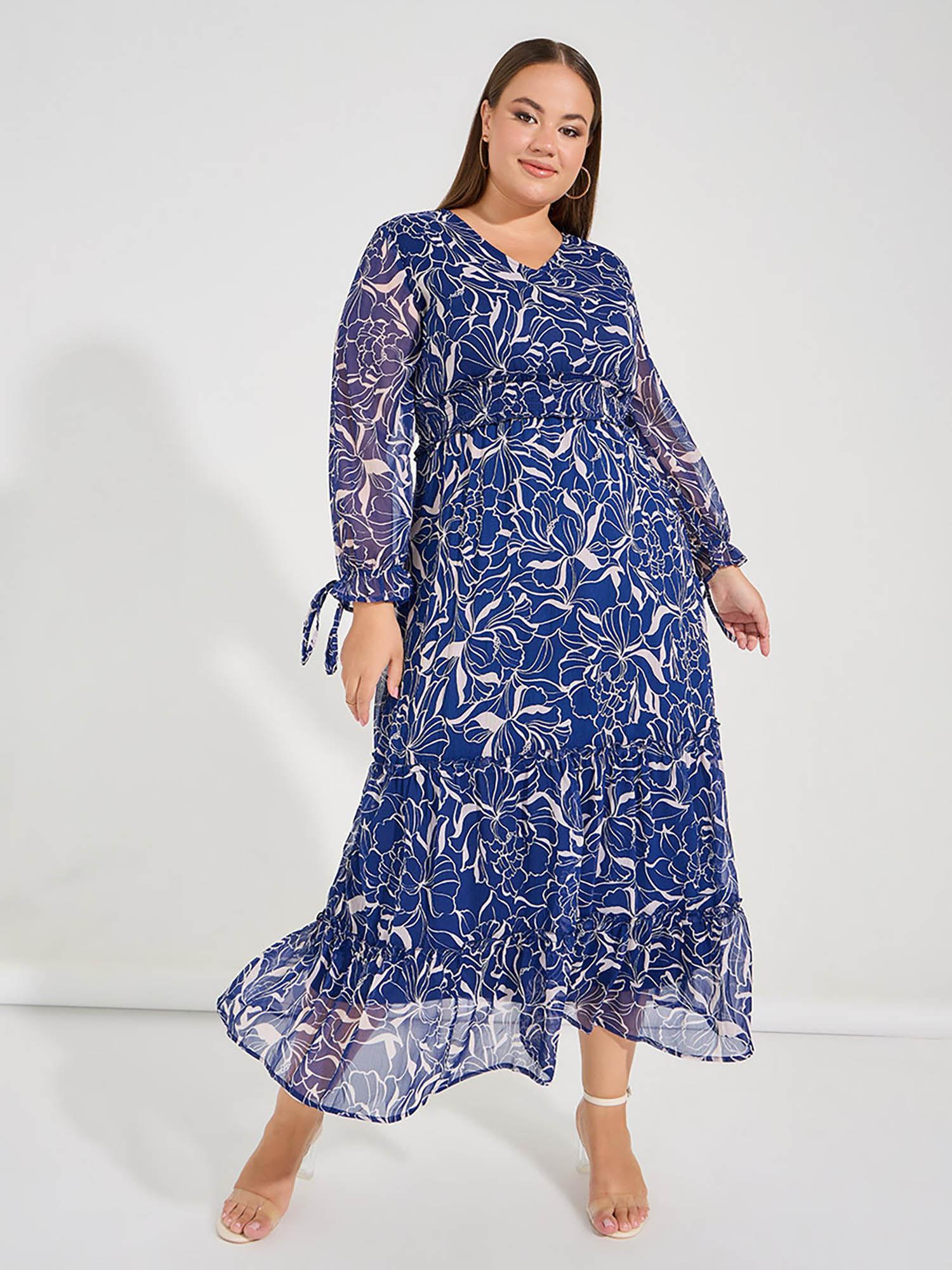 women plus navy blue floral print long sleeve dress