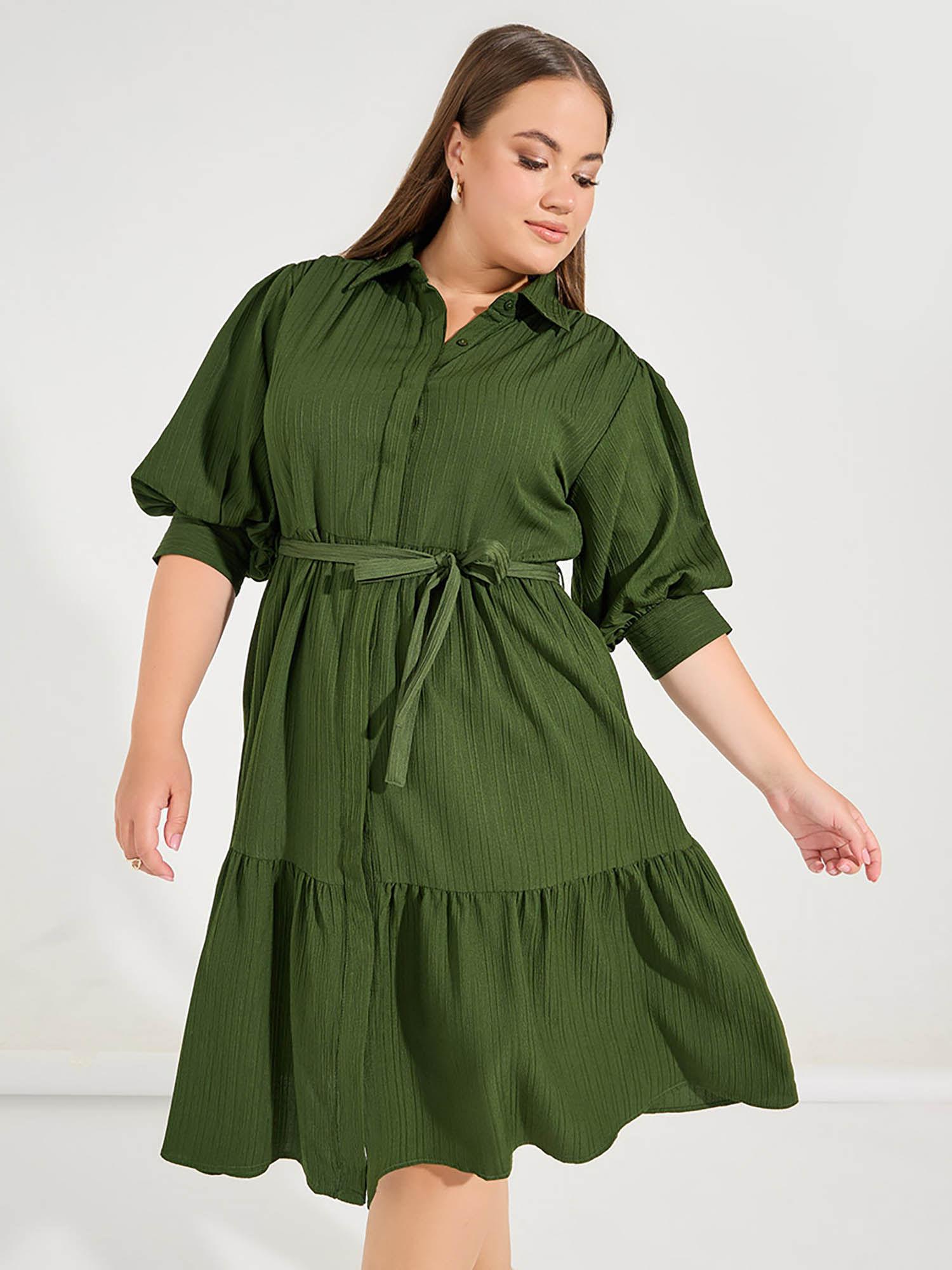 women plus olive shirt dress with belt (set of 2)