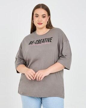 women plus oversized embroidery slogan drop shoulder t-shirt