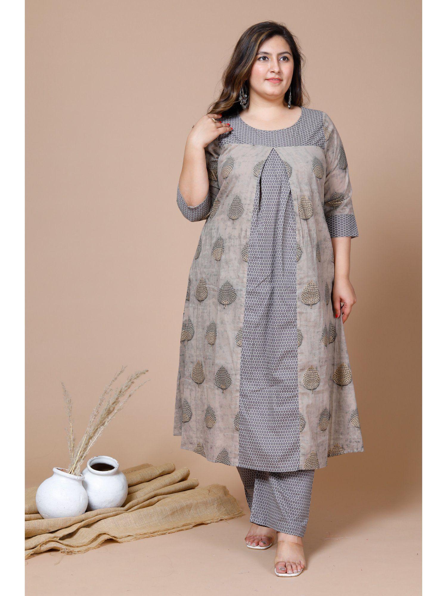 women plus size beige printed pure cotton kurta with palazzo (set of 2)