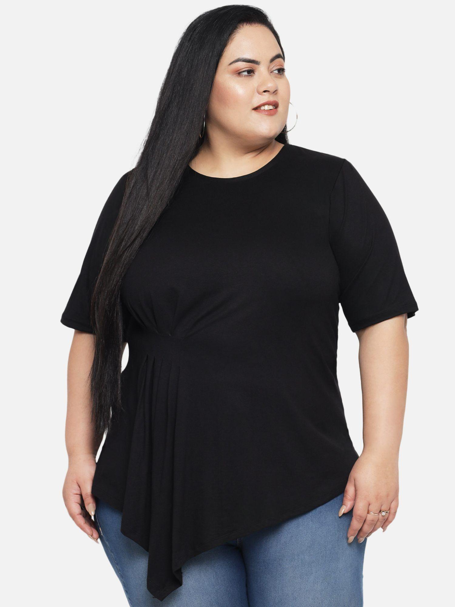 women plus size black pleated asymmetric western top