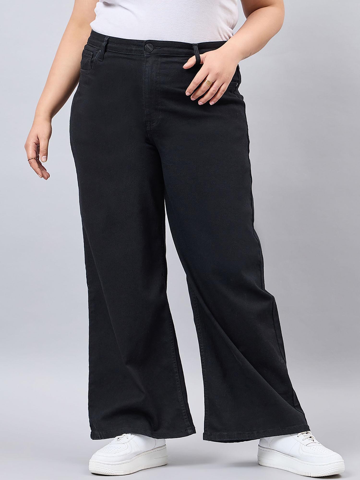 women plus size black wide leg high rise stretchable jeans