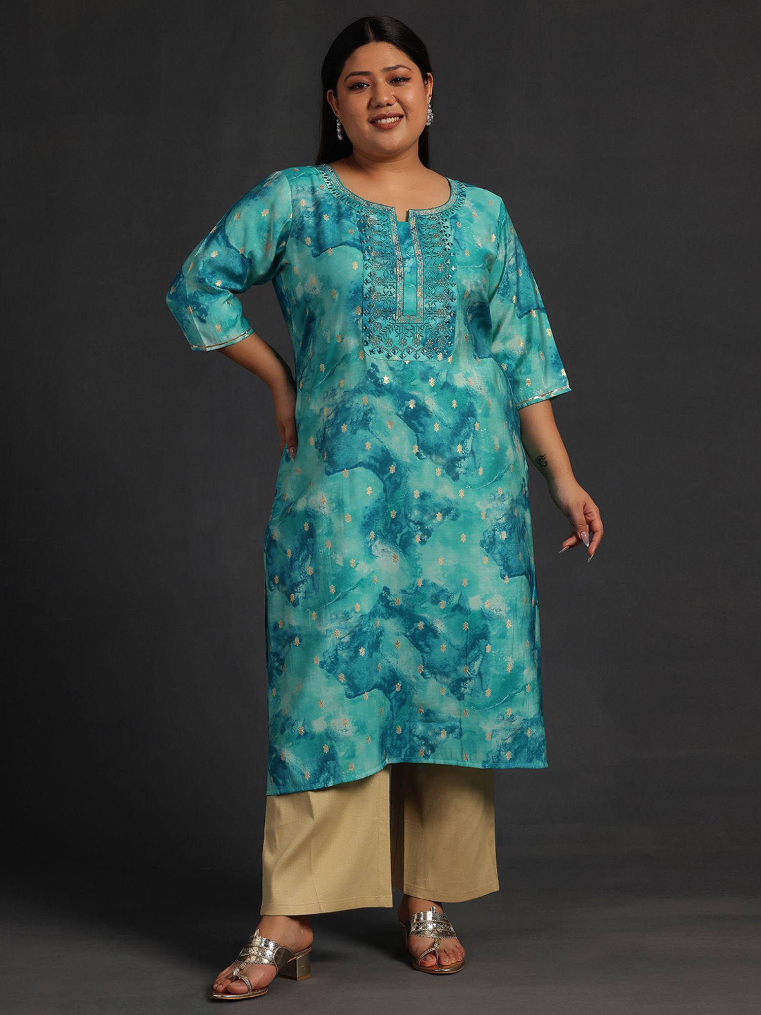 women plus size blue embroidered straight kurta