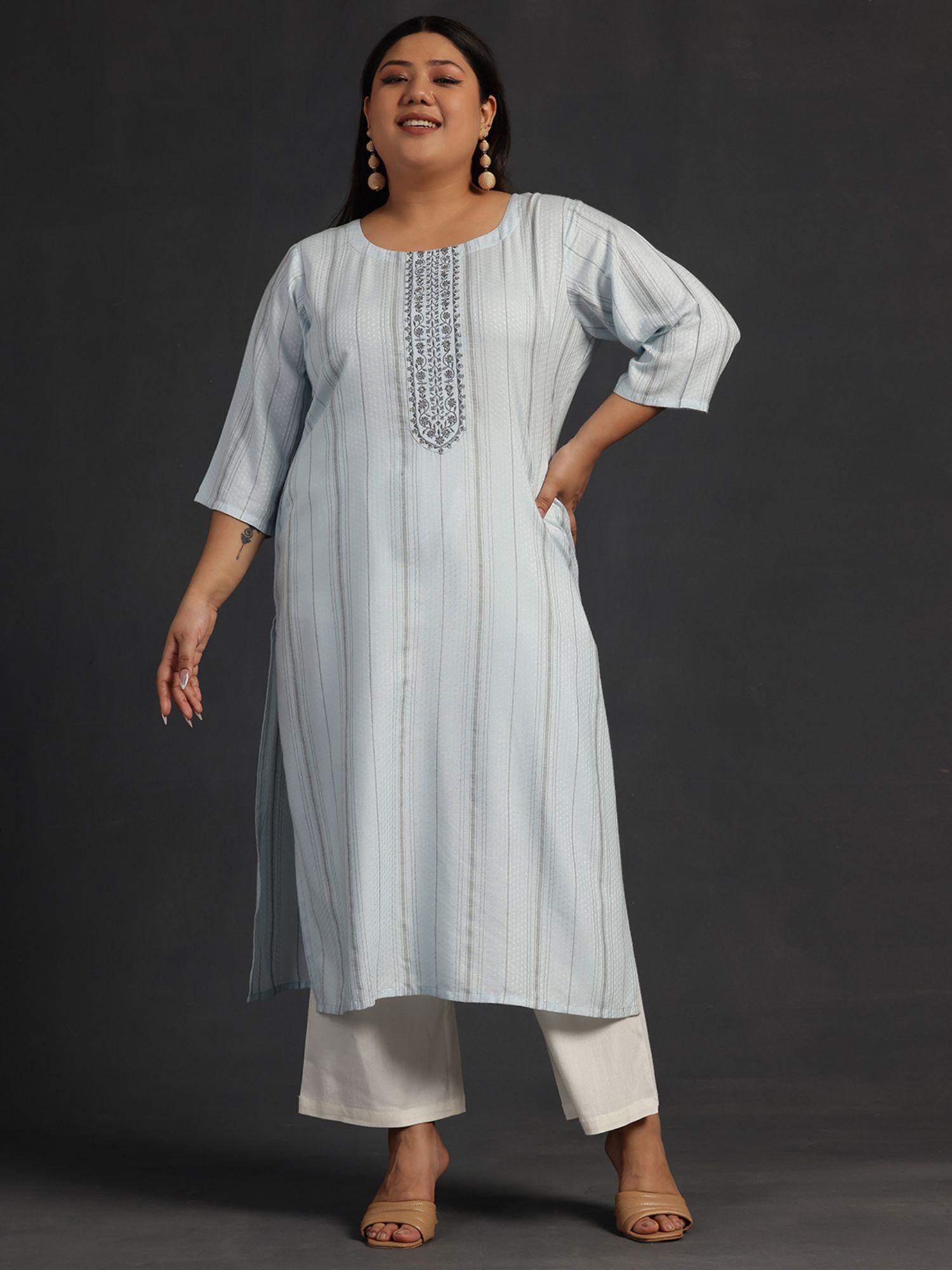 women plus size blue printed self design kurta with pocket