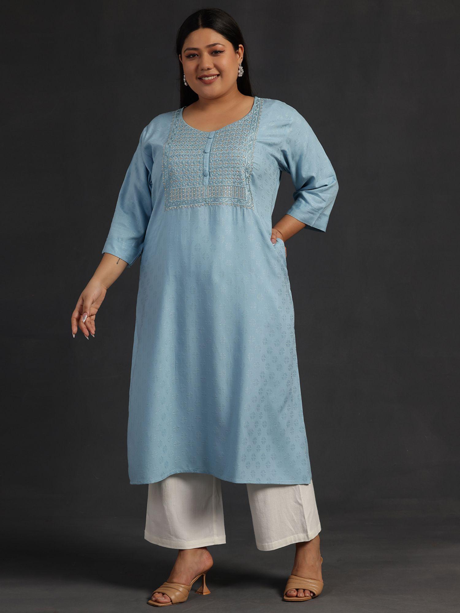 women plus size blue self design kurta