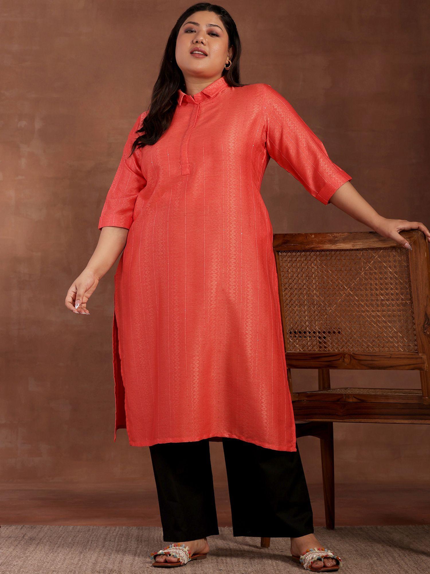 women plus size coral cotton blend embellished woven detail kurta