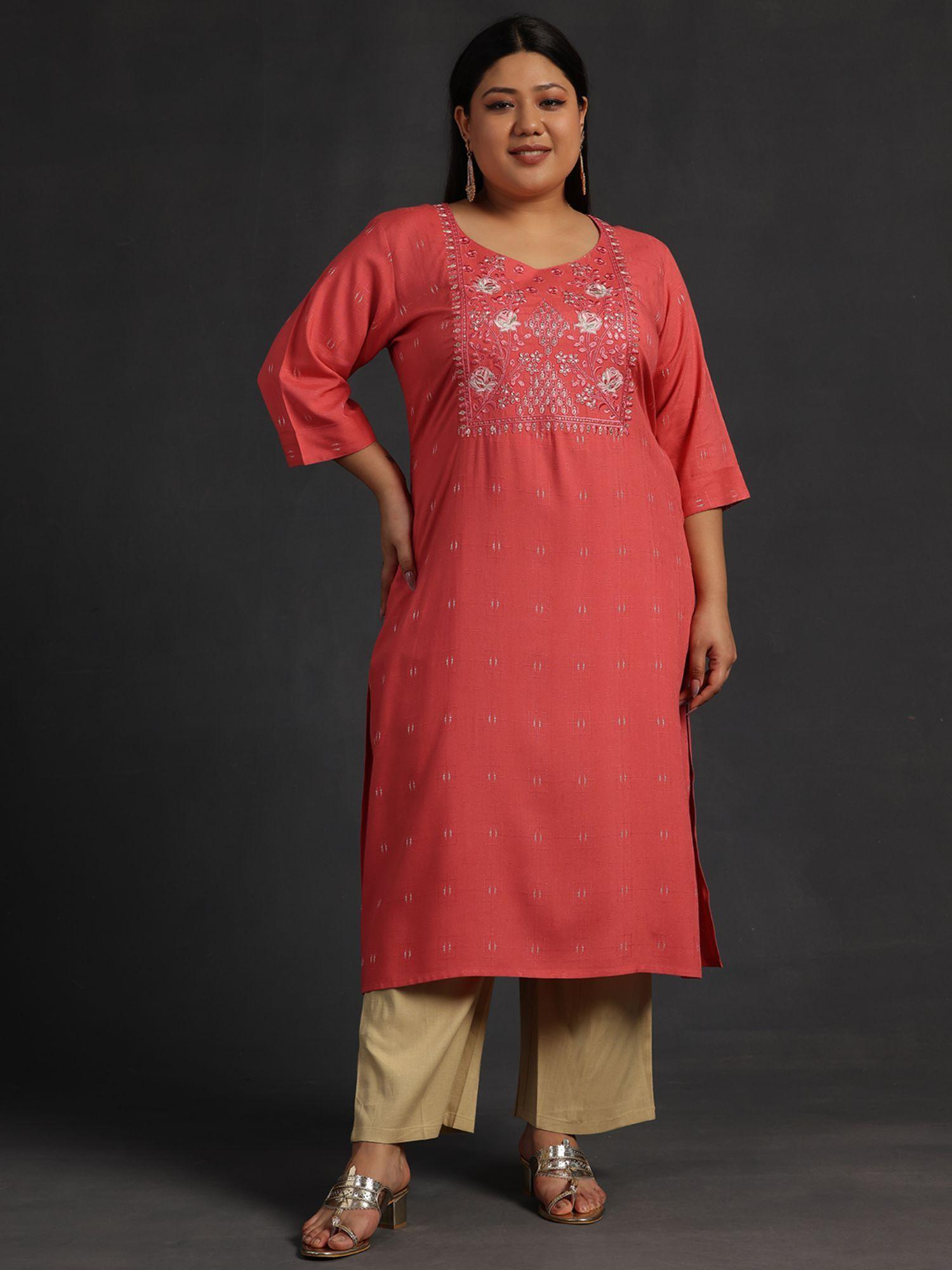 women plus size coral self design silk blend kurta