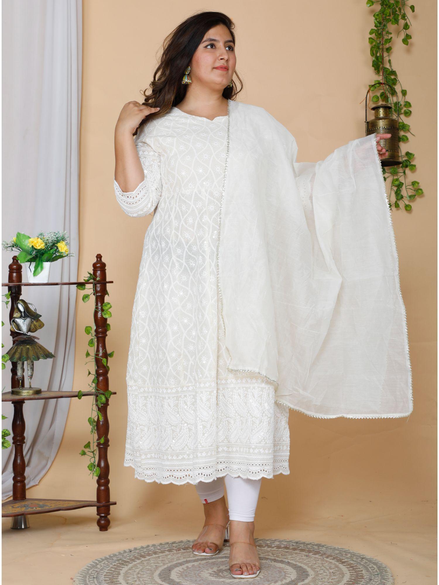 women plus size cream chikankari thread work anarkali kurta with dupatta (set of 2)